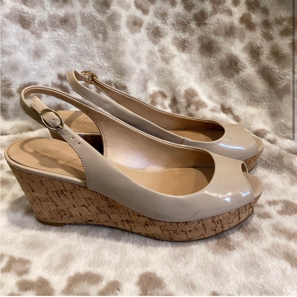 Marc Fisher Nude Patent Leather Peep Toe Wedge
Sandal, Size 8 - Picture 2 of 10
